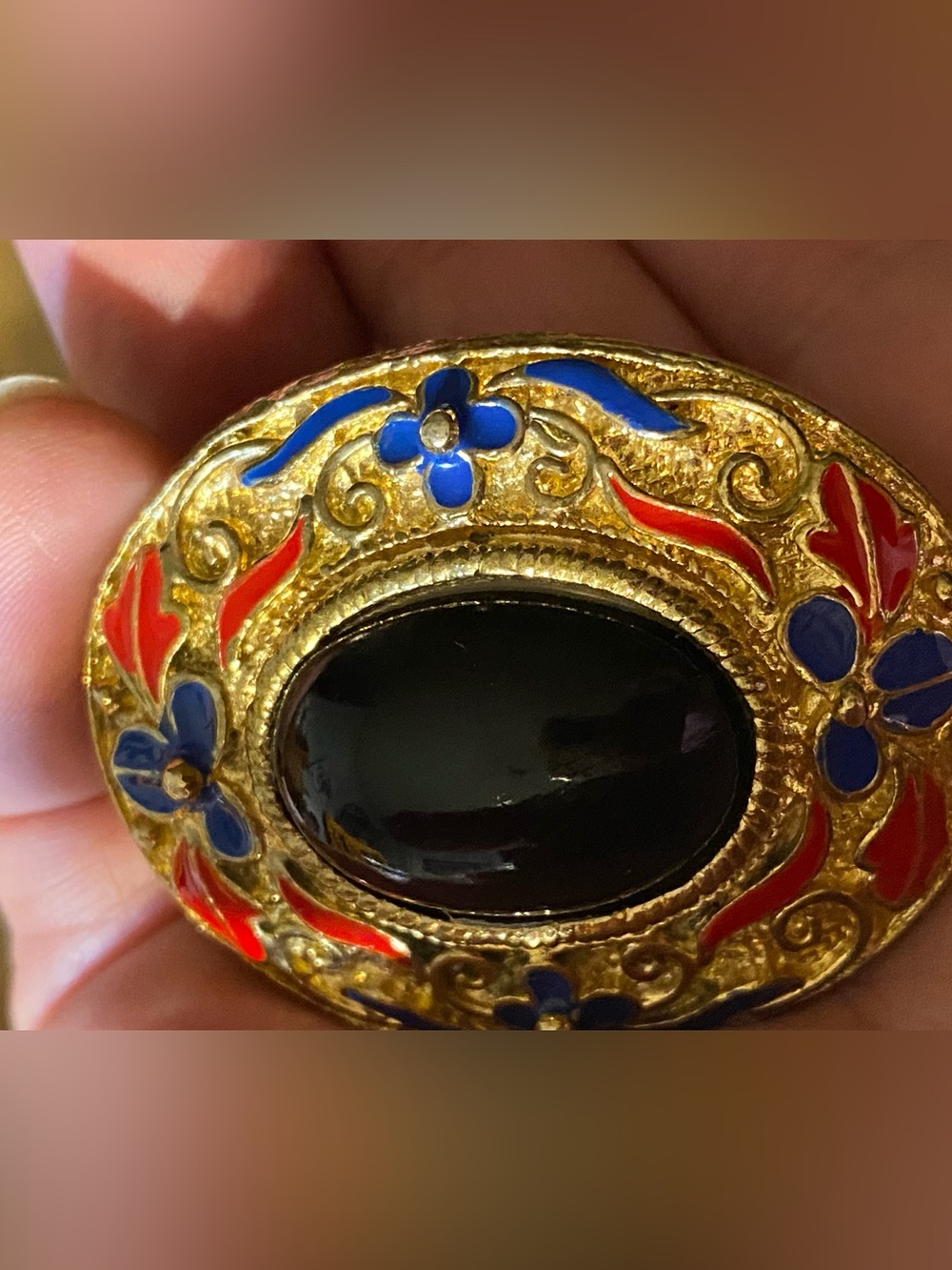 Vintage Byzantine Enamel Statement Brooch Bold Faux Onyx Cabochon Gold Tone